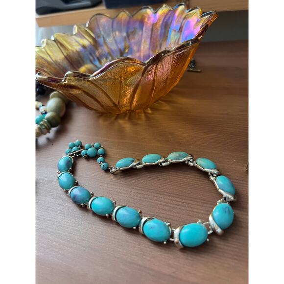 Coro Jewelry - Vintage Coro Faux Turquoise Cabochon Thermostats Necklace Chocker 1950 1960